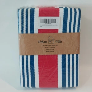 Set 6 asciugamani cucina Urban Villa nautica bianco blu rosso righe cotone NUOVI - Foto 1 di 6