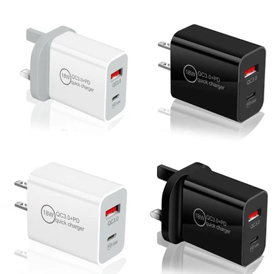 IPhone 13 12 PRO MAX 11XS PD Plug Fast Charger Cable For Samsung USB C 18W+QC3 - Image 1 of 4