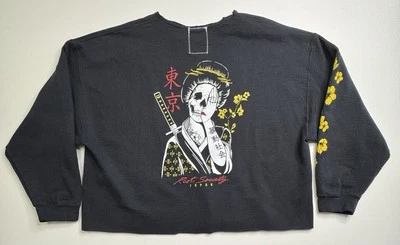 Sudadera Riot Society Japón Cuello Redondo 2XL Negra Recortada Envejecida Y2K Foto 1 de 4