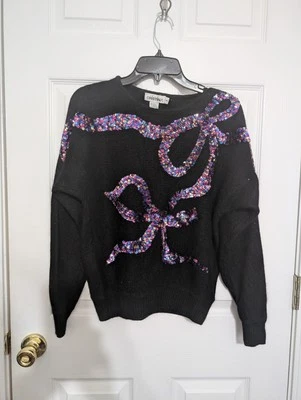 Suéter Mediano Vintage Años 80 Lentejuelas Arco Lana de Cordero Angora Conejo Negro Púrpura  Foto 1 de 4