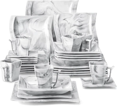 Moderno juego de vajilla de porcelana de mármol de 30 piezas para 6 | Platos cuencos tazas servicio Foto 1 de 4