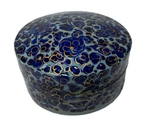 Vintage PAPER MACHE Lacquered Teal COBALT Gold Trinket Box, HAND PAINTED~India - Picture 1 of 6