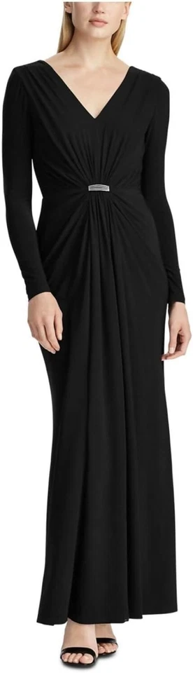 Lauren Ralph Lauren Women's Black Rhinestone Long Sleeve V Neck Maxi Fit size 8