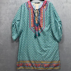 Urban Coco Shirred Ruched 3/4 Sleeve Tie At Neck Tunic Dress Turquoise Sz Large - Picture 1 of 11