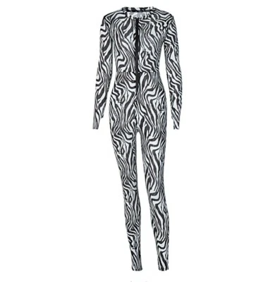 Nuevo Mujeres Ajustado Patrón de Cebra Informal Cremallera Deportivo Fitness Fiesta Mono #Y Foto 1 de 4