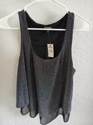 NWT Women's Express Sleeveless Metallic Silver And Mesh Swing Top Size M - Image 1 of 4