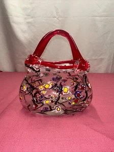 Italian Millefiori "STYLE" Art Glass Purse Vase Flowers Red Handle - Picture 1 of 7