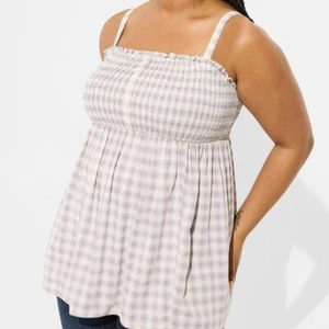 Torrid Top 0X LG grau kariert gesmokte Tunika Challis Babydoll Shirt Tank Plus neu - Bild 1 von 5