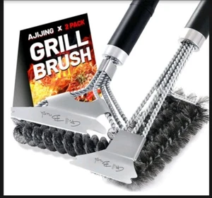 AJIJING Grill Brush & Scraper, 2 Pack BBQ Grill Cleaning, Stainless Steel - NEW! - Picture 1 of 12