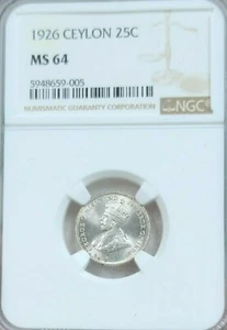 1926 CEYLON SILVER 25 CENTS GEORGE V NGC MS 64 STELLAR LUSTER BEAUTIFUL BU COIN - Picture 1 of 5