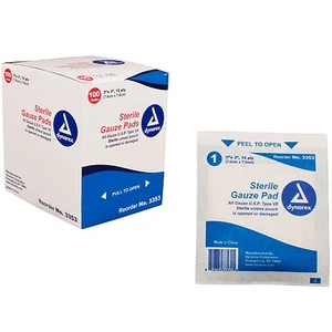 100 almohadillas de gasa estéril Dynarex 3"" X 3"" 12 capas vendajes individuales para el cuidado de heridas 3353 - Imagen 1 de 2