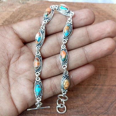 Spiny Oyster Turquoise Marquise 925 Sterling Silver Handmade Women Bracelet #143 - Image 1 of 3