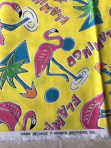 90's Mamiye brothers Yellow Flamingo Allover Cotton Print 7/8 Yard - Picture 1 of 3