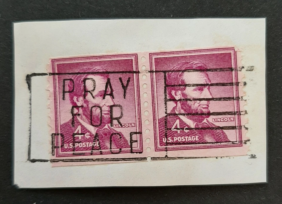 USA: "Pray For Peace" Cancellation on Pair of 1958 4c Coil Stamps of Lincoln - Image 1 of 1