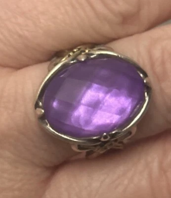 Anillo de cuarzo amatista púrpura vacunado latón plata esterlina Carolyn Pollock 7 Foto 1 de 4