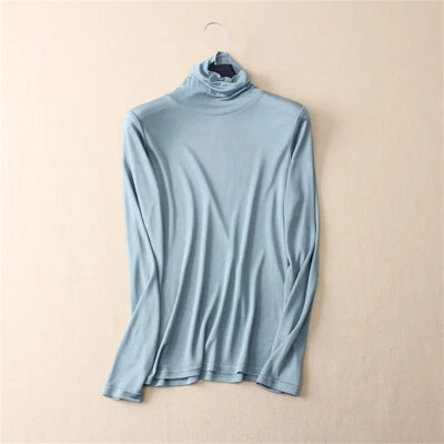 Top tejido cuello alto de seda morera para mujer manga larga camiseta interior para dama otoño Foto 1 de 4