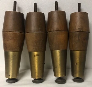 JUEGO DE 4 PATAS MODERNAS DE MADERA CÓNICA Y LATÓN DE MEDIADOS DE SIGLO DE COLECCIÓN AJUSTABLES 7" + - Imagen 1 de 5