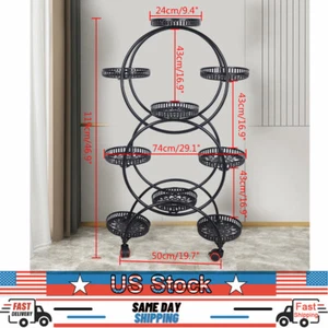 Indoor Black Plant Stand Flower Pot Holder 6 Tier 9 Pot w/ Wheels Patio Garden - Picture 1 of 12