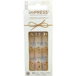 NEW Kiss Nails Impress Press Manicure Medium Almond Gold Glitter Christmas Stars - Picture 1 of 2