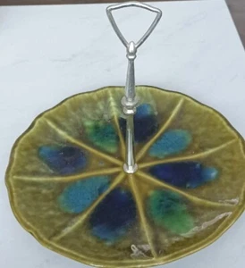 Aperitivo de cerámica vintage MCM verde oliva azul mango de astilla, retro - Imagen 1 de 7