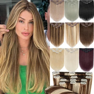 US Thick Double Weft Clip In Real Remy Human Hair Extensions Full Head 8 Pieces - Picture 1 of 51