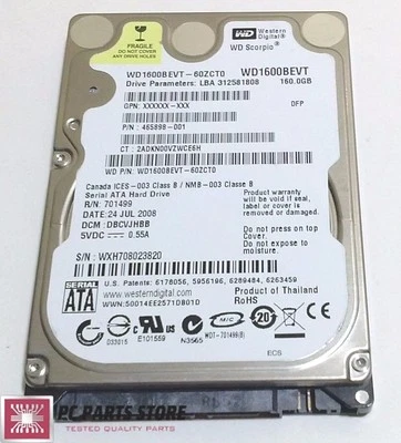 Western Digital 160GB 2.5 WD1600BEVT-60ZCT0 2061-701499-500 AD FOR PARTS/REPAIR - Image 1 of 4