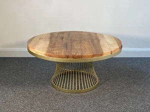 Pickford Grey Solid Olive Ash Wood & Gold Metal 90cm Round Pedestal Coffee Table - Picture 1 of 15
