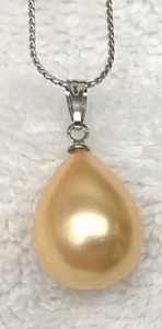 Großer Perlenanhänger in Birnenform gelb creme 17 Zoll vergoldet Kette - Bild 1 von 8