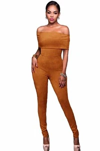 Abito tuta aperto Nudo scollo Dritto ballo aderente Faux Suede Jumpsuit Dress L - Foto 1 di 2