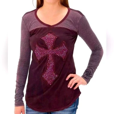 Camiseta Terciopelo Piedra Abulón Aplique Cruzado Granate Manga Larga Talla Mediana Foto 1 de 4