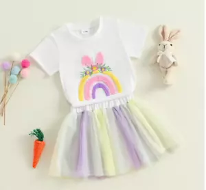 Citgeett Summer Easter Kids Toddler Girl Outfit Rainbow Embroidery Short Sleeve - Picture 1 of 4