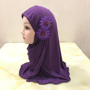 Muslim Girl Plain Hijab Scarf with Flowers for 2-7 Years Old Kids Soft Headscarf