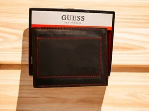 NEW MEN'S GUESS BLACK WALLET RED STITCH LOGO WITH VALET ID BIFOLD FRONT POCKET - Picture 1 of 14
