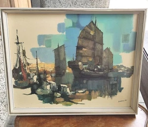 Impresión de mediados de siglo de 'El puerto' del pintor al óleo Don Harrison. Vintage años 60  - Imagen 1 de 9