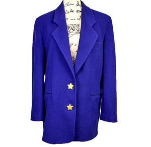 Henri Bendel Wool Cashmere Coat Cobalt Blue Brass Star Buttons Vtg 80 Heathers 8 - Picture 1 of 17