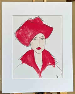 WUNDERSCHÖNE MODEKUNST; 50ER JAHRE LOOK; A4 MONTIERTER DRUCK; "DER ROTE HUT"; EXKLUSIV - Bild 1 von 10