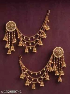 New Stylus Gold Plated Pearl & Kundan Bahubali Earring with Hair Chain for Women - Picture 1 of 4