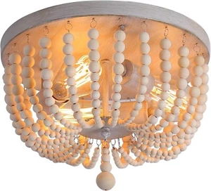 Q&S Wood Beaded Chandelier, Boho Farmhouse Light Fixture, Oak White, 3 Lights - Picture 1 of 9