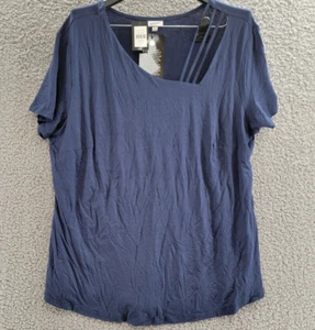 AVENUE Plus Size V Cut Out Short Sleeve Top Women's 20W Navy Solid Pullover - Picture 1 of 15
