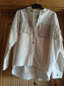 NWT Zara Shirt Jacket Shacket Denim Studded Fringe Cream Ivory Size Small - Picture 1 of 11