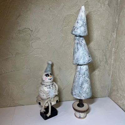 altered art CHRISTMAS 2pc TREE & SNOWMAN vintage Look OOAK Mixed Media SheShe - Image 1 of 4