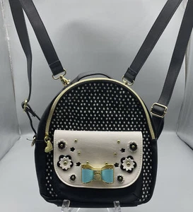 Betsey Johnson Backpack Bag Purse Handbag Luv xoxoxo Black Teal Bow Polka Dots - Picture 1 of 8