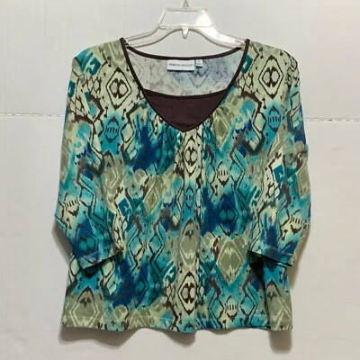 Rebecca Malone Women's Blouse Size L Teal Brown Abstract Bohemian Artsy Colorful - Image 1 of 4