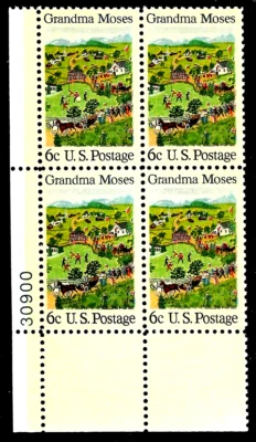 GRANDMA MOSES US ARTIST 4TH OF JULY SCENE #1370 MVF 6c STAMP PLATE BLOCK + MOUNT - Image 1 of 4