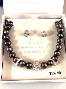 NIB STUNNING CULTURED FRESHWATER PEARLS STERLING SILVER NECKLACE EARRINGS SET - Picture 1 of 11