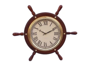 Solid Wood & Brass Ship Wheel Clock 15" - Picture 1 of 3