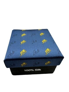 Sam Well Handmade 100% Silk Tie & Cuff Links Set | Blue with Yellow Elephants - Picture 1 of 12