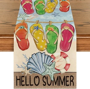 Flip Flops Seaside Themed Beach Summer Table Runner, Starfish Seasonal Kitchen D - Picture 1 of 7