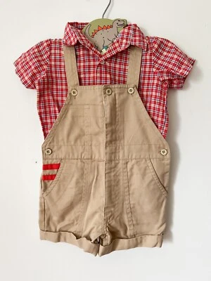 Vintage Happy Kids Shortalls Overall Set Red Plaid Shirt Boys Sz 24 months 2T - Image 1 of 3