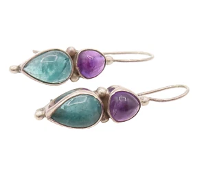 925 Silver Vintage Cabochon Amethyst & Tourmaline Drop Earrings EG12377 - Picture 1 of 5